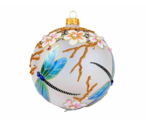 Boule Noël verre soufflé blanc mat libellules irisées fleurs roses en relief perles vraies 25 cristaux Preciosa Ø12cm