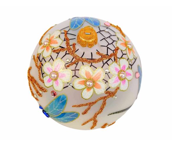 Boule Noël verre soufflé blanc mat libellules irisées fleurs roses en relief perles vraies 25 cristaux Preciosa Ø12cm