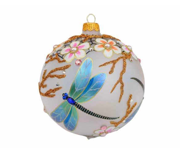 Boule Noël verre soufflé blanc mat libellules irisées fleurs roses en relief perles vraies 25 cristaux Preciosa Ø12cm