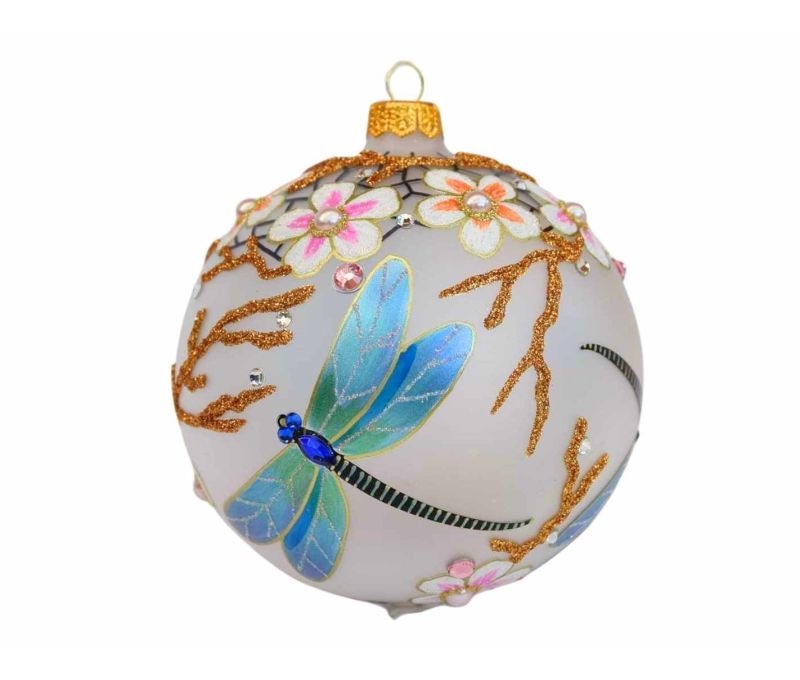 Boule Noël verre soufflé blanc mat libellules irisées fleurs roses en relief perles vraies 25 cristaux Preciosa Ø12cm