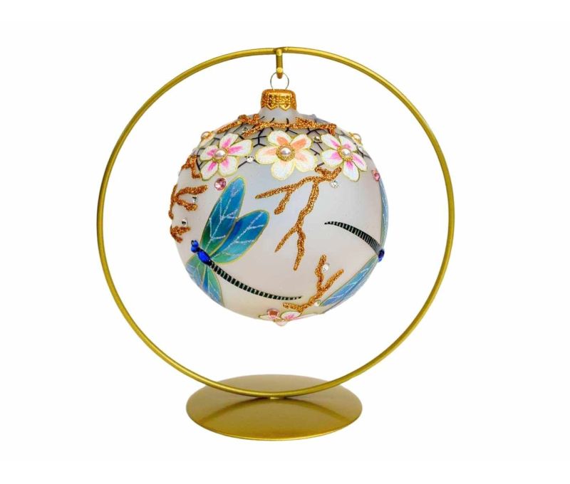 Boule Noël verre soufflé blanc mat libellules irisées fleurs roses en relief perles vraies 25 cristaux Preciosa Ø12cm
