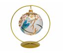 Voir la slide Boule Noël verre soufflé blanc mat libellules irisées fleurs roses en relief perles vraies 25 cristaux Preciosa Ø12cm