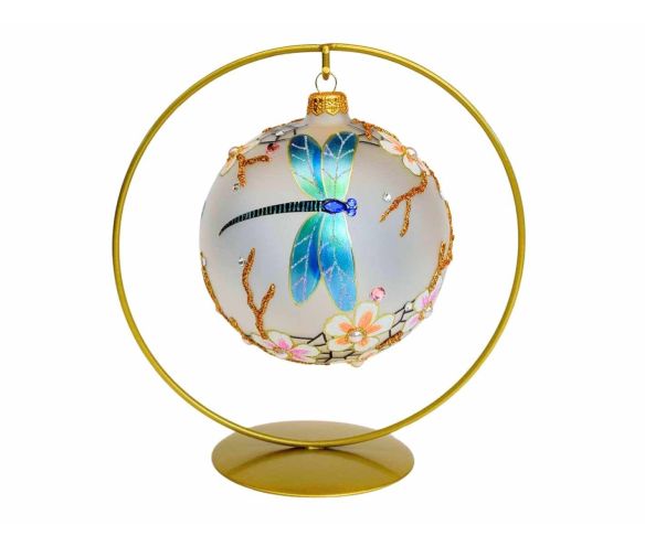 Boule Noël verre soufflé blanc mat libellules irisées fleurs roses en relief perles vraies 25 cristaux Preciosa Ø12cm