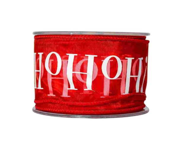Ruban Noël organza rouge inscription HoHoHo blanc fil de fer bordures rouges largeur 7cm rouleau 9 mètres