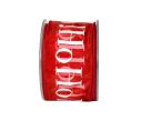 Voir la slide Ruban Noël organza rouge inscription HoHoHo blanc fil de fer bordures rouges largeur 7cm rouleau 9 mètres