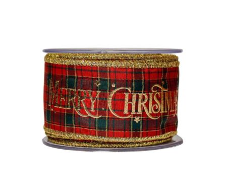 Large ruban de Noël rouge et vert au motif tartan avec Merry Christmas en doré.