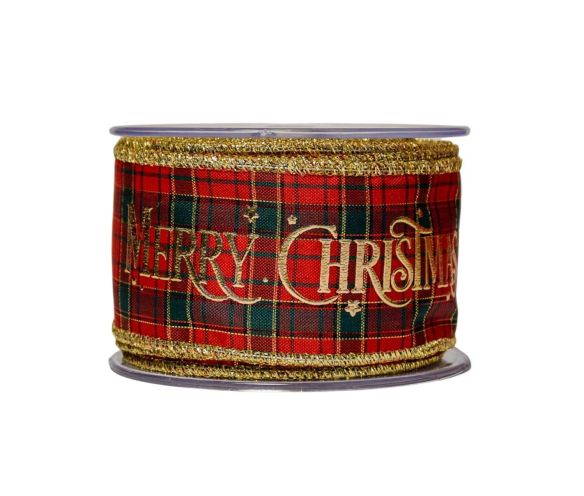 Large ruban de Noël rouge et vert au motif tartan avec Merry Christmas en doré.