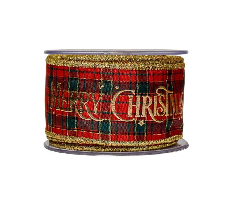 Large ruban de Noël rouge et vert au motif tartan avec Merry Christmas en doré.