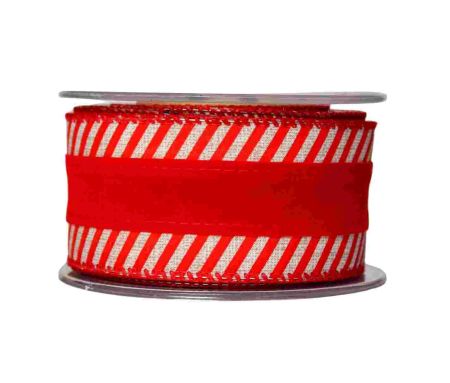Ruban de Noël rouge avec les bords en rayures beige.