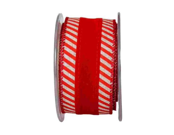 Ruban de Noël rouge avec les bords en rayures beige.