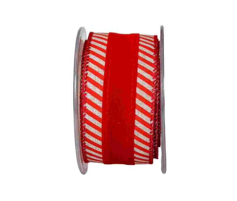 Ruban de Noël rouge avec les bords en rayures beige.