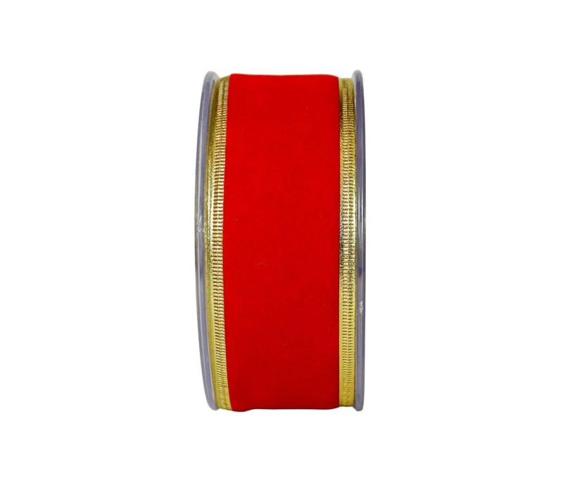 Ruban Noël velours rouge vif bordures dorées métalliques fil de fer largeur 4,5cm rouleau 9 mètres