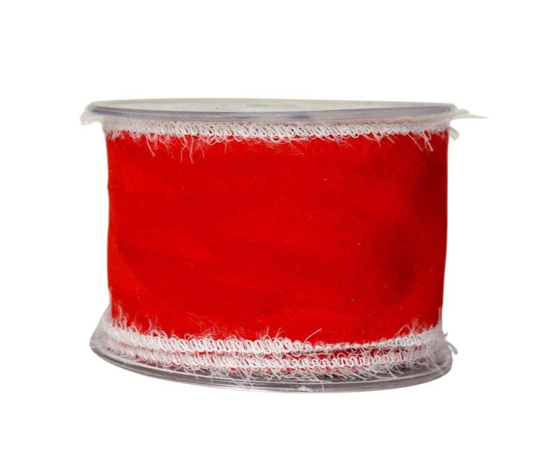 Ruban Noël velours rouge vif bords effilochés blancs fil de fer largeur 7cm rouleau 4,5 mètres