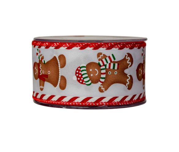 Ruban de Noël large blanc motif bonhommes pain d'épices  sucre d'orge fil de fer largeur 6cm
