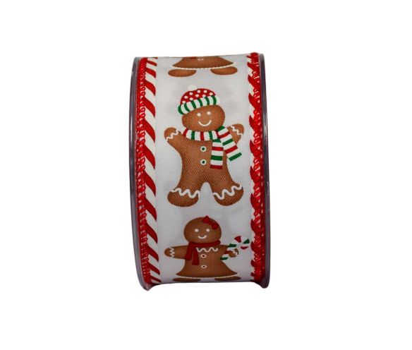 Ruban de Noël large blanc motif bonhommes pain d'épices  sucre d'orge fil de fer largeur 6cm