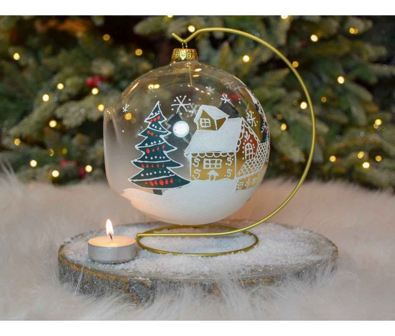 Photophore boule de Noël verre soufflé maisons pain d'épices village enneigé support doré D15cm