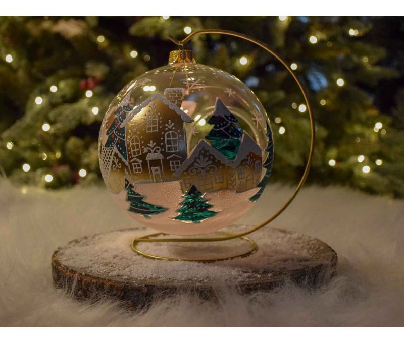 Photophore boule de Noël verre soufflé maisons pain d'épices village enneigé support doré D15cm