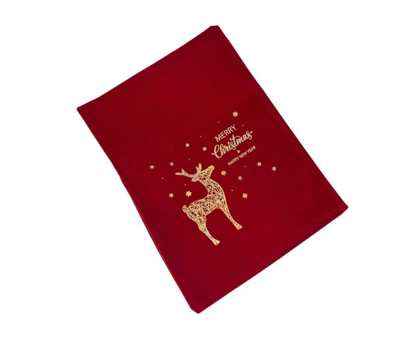 Pochette cadeau velours bordeaux renne doré Noël 30x40cm emballage festif