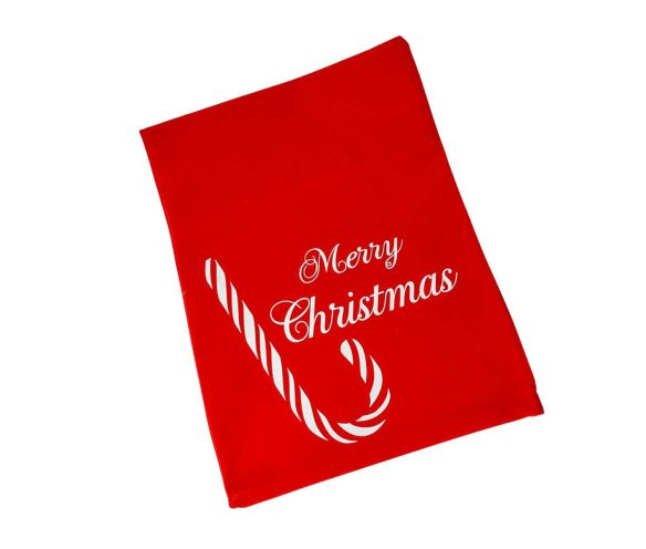 Pochette cadeau velours rouge sucre d'orge blanc rayé inscription Merry Christmas blanche 30x40cm