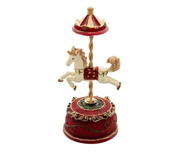 Boîte à musique résine carrousel cheval blanc selle rouge étoiles mât doré dôme rouge socle bordeaux H21cm
