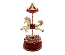 Voir la slide Boîte à musique résine carrousel cheval blanc selle rouge étoiles mât doré dôme rouge socle bordeaux H21cm