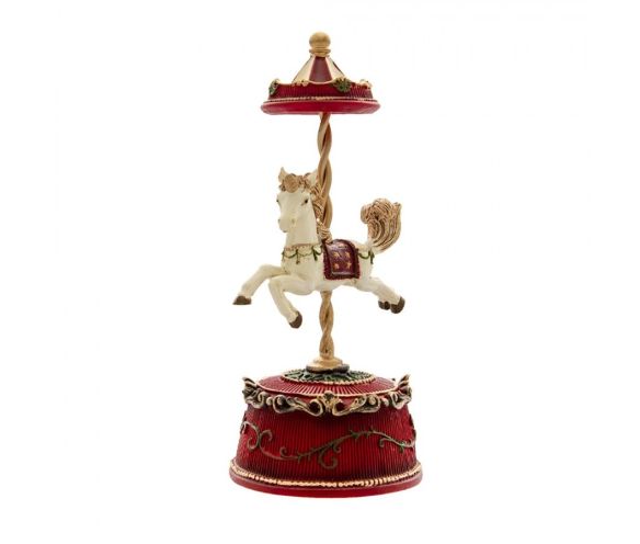 Boîte à musique résine carrousel cheval blanc selle rouge étoiles mât doré dôme rouge socle bordeaux H21cm