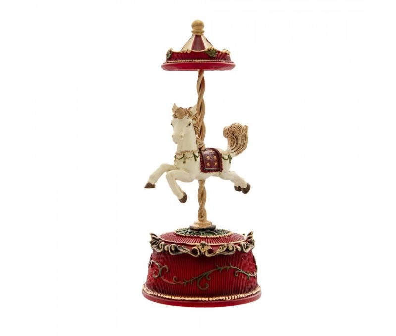 Boîte à musique résine carrousel cheval blanc selle rouge étoiles mât doré dôme rouge socle bordeaux H21cm