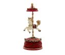 Voir la slide Boîte à musique résine carrousel cheval blanc selle rouge étoiles mât doré dôme rouge socle bordeaux H21cm