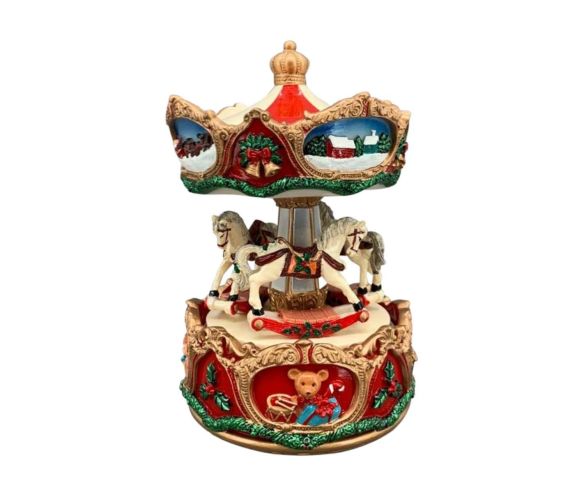 Boîte à musique résine carrousel Noël rouge doré chevaux blancs houx cloches scènes hivernales H16cm