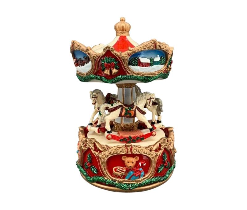 Boîte à musique résine carrousel Noël rouge doré chevaux blancs houx cloches scènes hivernales H16cm