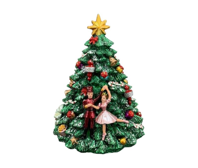 Boîte à musique résine sapin vert décoré étoile dorée danseuse ballet rose casse-noisette H16cm