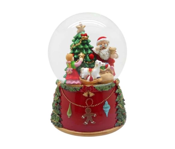 Boule à neige musicale verre résine Père Noël fillette sapin socle rouge doré H14cm