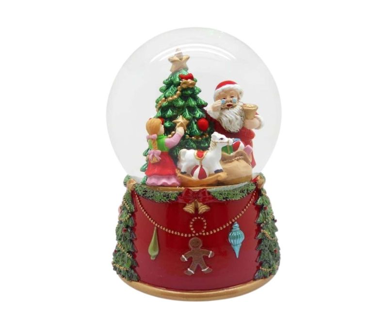 Boule à neige musicale verre résine Père Noël fillette sapin socle rouge doré H14cm