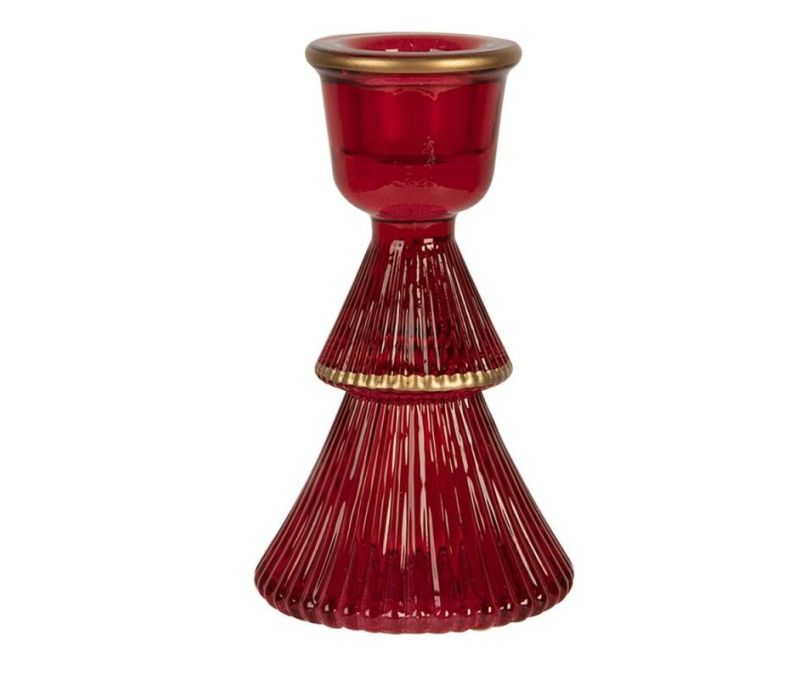 Chandelier Noël verre rouge brillant forme sapin deux étages côtelés anneau doré coupe bougie H10cm - Lilosquare