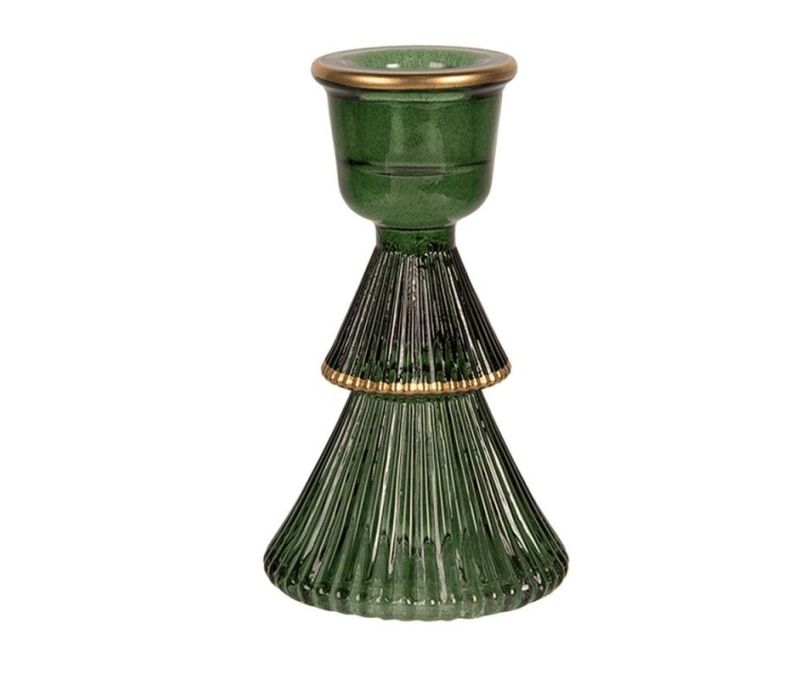 Chandelier Noël verre vert foncé brillant forme sapin deux étages côtelés anneau doré coupe bougie H10cm - Lilosquare