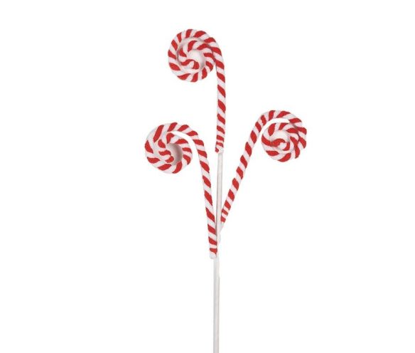 Branche décorative Noël trois sucres d'orge en spirale rouge et blanc floqués tige blanche H66cm