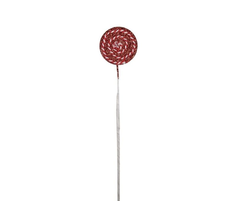 Décoration Noël sucette géante rouge blanc pailletteé spirale tige blanche H40cm