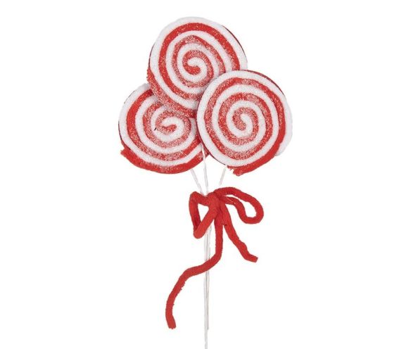 Branche décorative Noël trio trois sucettes rondes spirale rouge blanc enneiguées nœud chenille rouge tige blanche H30cm
