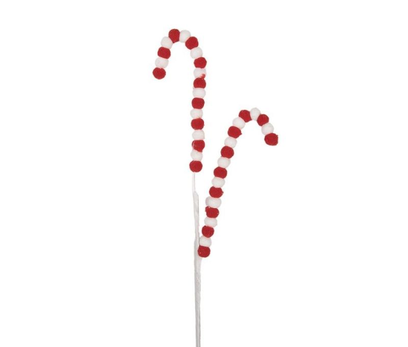 Branche décorative Noël deux sucres d'orge en forme de canne pompons rouge et blanc alternés tige blanche H60cm