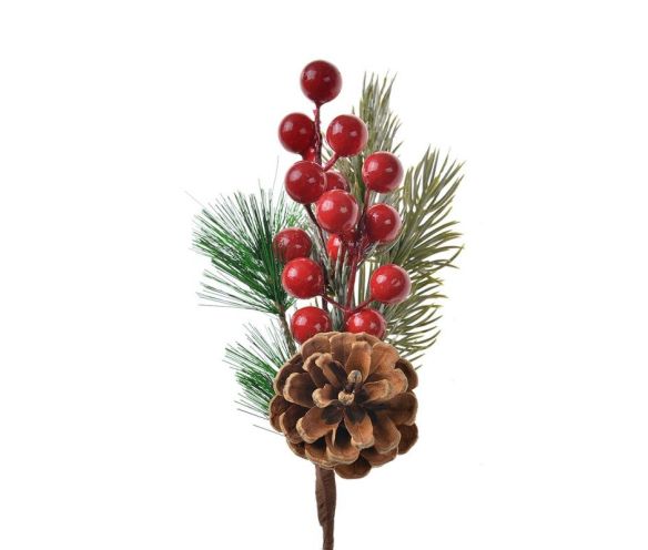 Branche décorative Noël pomme de pin naturelle baies rouges brillantes aiguilles de pin vertes H25cm