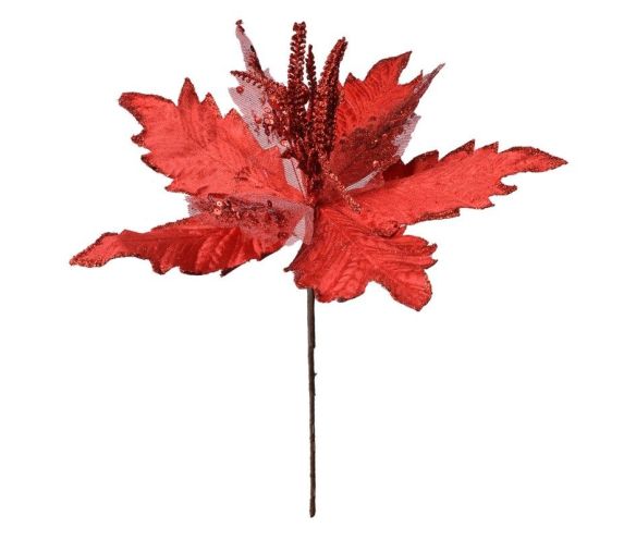 Branche décorative Noël poinsettia rouge velours paillettes sequins étamines paillettées pétales découpés D34cm