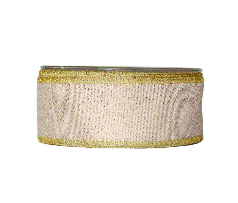 Ruban Noël fil de fer tissu beige doré scintillant bordures dorées métalliques largeur 4,5cm rouleau 9 mètres