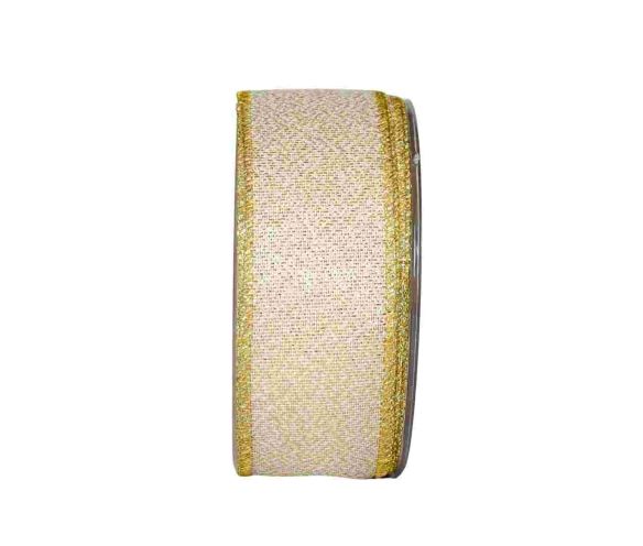 Ruban Noël fil de fer tissu beige doré scintillant bordures dorées métalliques largeur 4,5cm rouleau 9 mètres