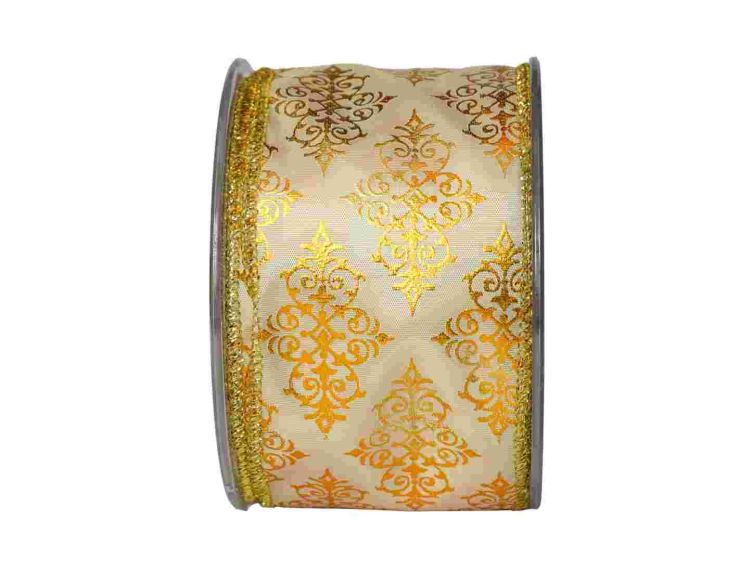 Large ruban de Noël blanc avec décors dorés. Fil de fer intégré dans le bord pour utilisation facile.