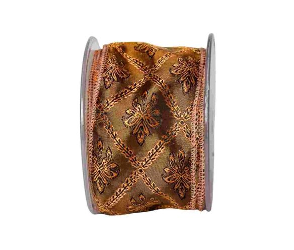 Ruban de Noël brun motifs floraux dorés cuivrés fil de fer intégré largeur 6cm longueur 9m