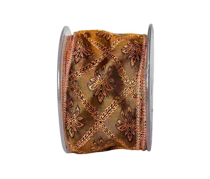 Ruban de Noël brun motifs floraux dorés cuivrés fil de fer intégré largeur 6cm longueur 9m