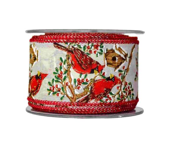 Large ruban de Noël crème avec oiseaux cardinal rouge.

Fil de fer intégré dans le bord pour utilisation facile.