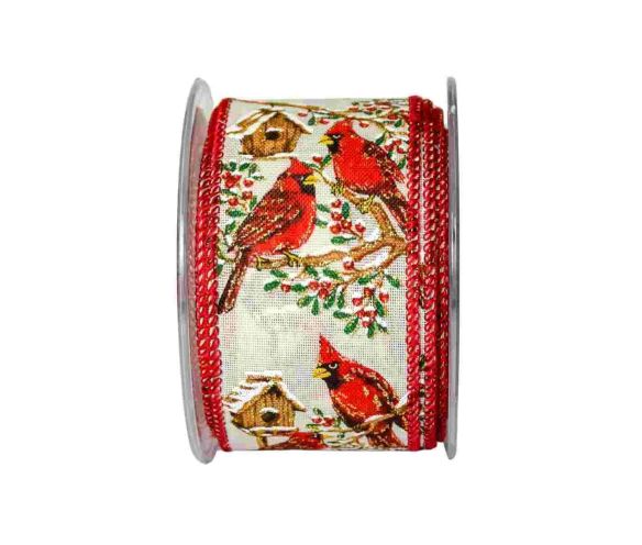 Large ruban de Noël crème avec oiseaux cardinal rouge.

Fil de fer intégré dans le bord pour utilisation facile.