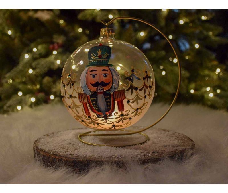 Photophore boule de Noël en verre soufflé peint main casse-noisette motifs dorés D15cm