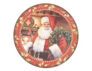 Sous-assiette rigide décorée d’un Père Noël traditionnel et de houx dorés. Diamètre : 33 cm.